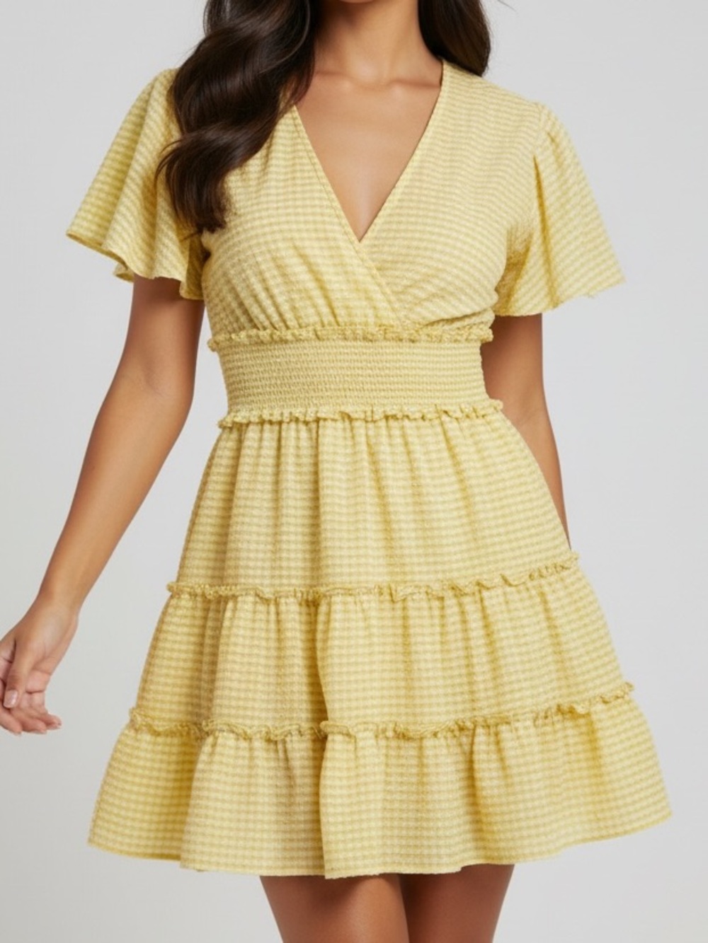 Max Studio Yellow Gingham Tiered Midi Dress